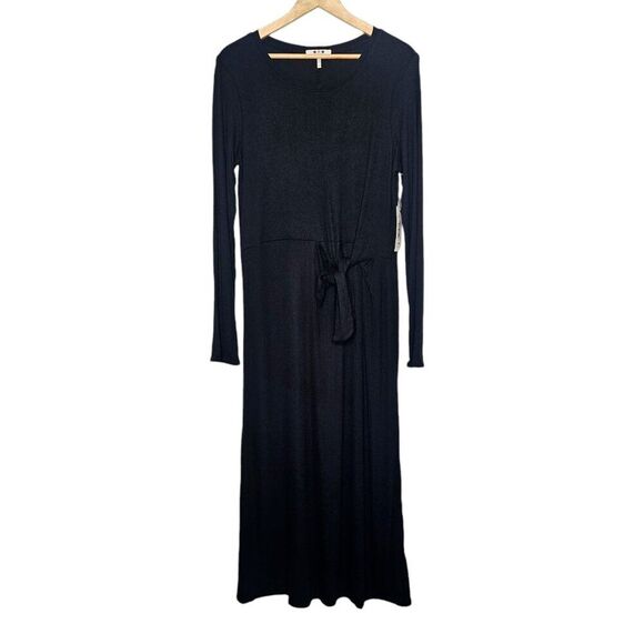 THREE DOTS Karen Dress XL Black Side-Tie Ribbed Long Sleeve Midi Length Modest - Picture 2 of 14